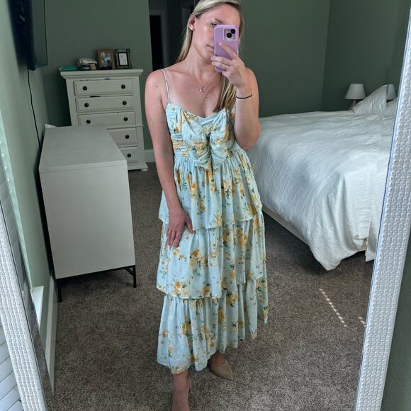 by the River Dresses & Skirts - By the River Sweet Life Tiered Bow Front Midi Dress Sz S Sage Wedding Guest